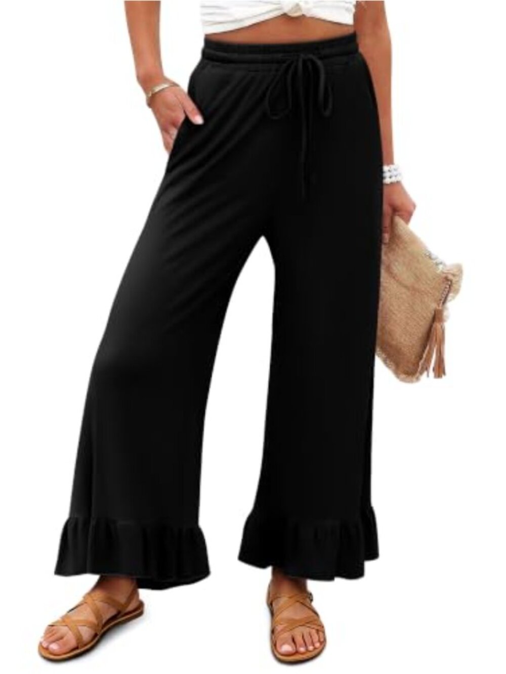 Wide Leg Palazzo Pants Flowy Casual Baggy Beach Trousers with Pockets